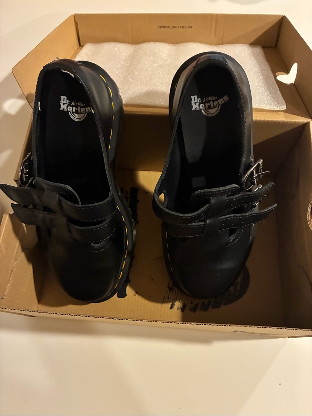 Dr. Martens Black Leather Mary Jane Shoes with Yellow Stitching